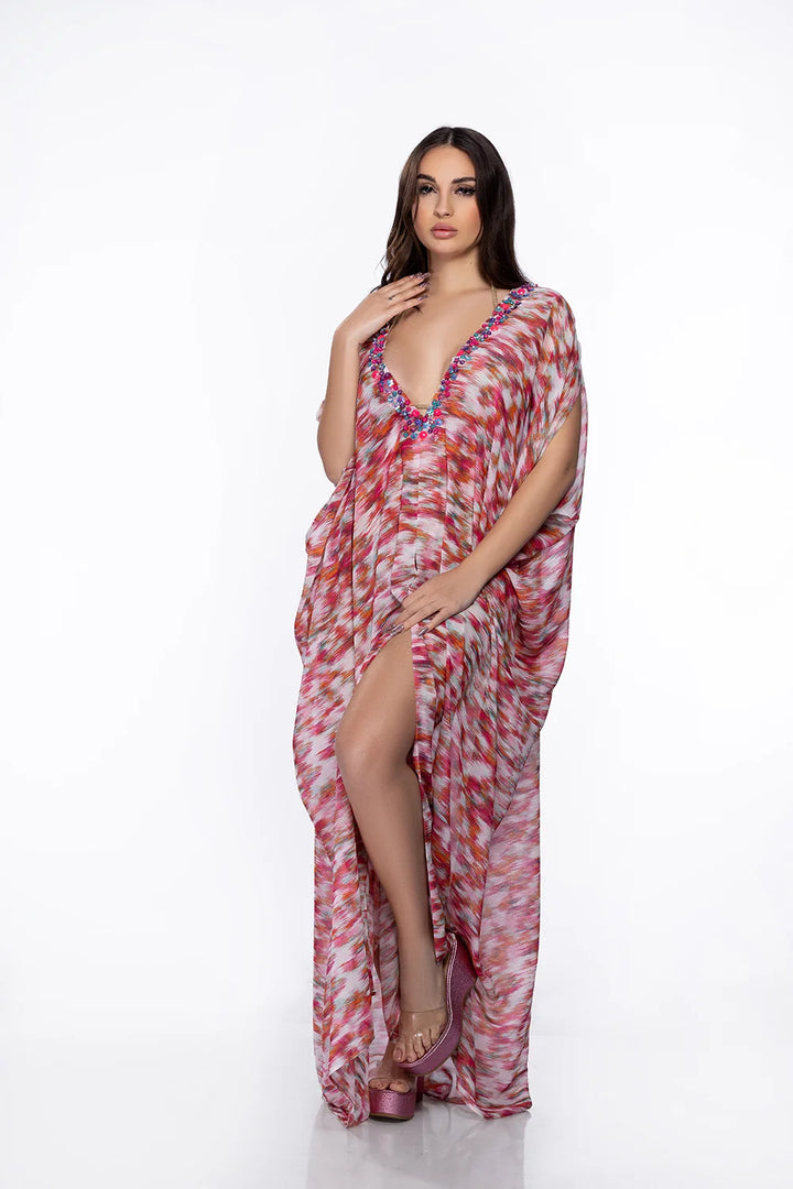 Caftan de plage Lys Orientale imprimé rose