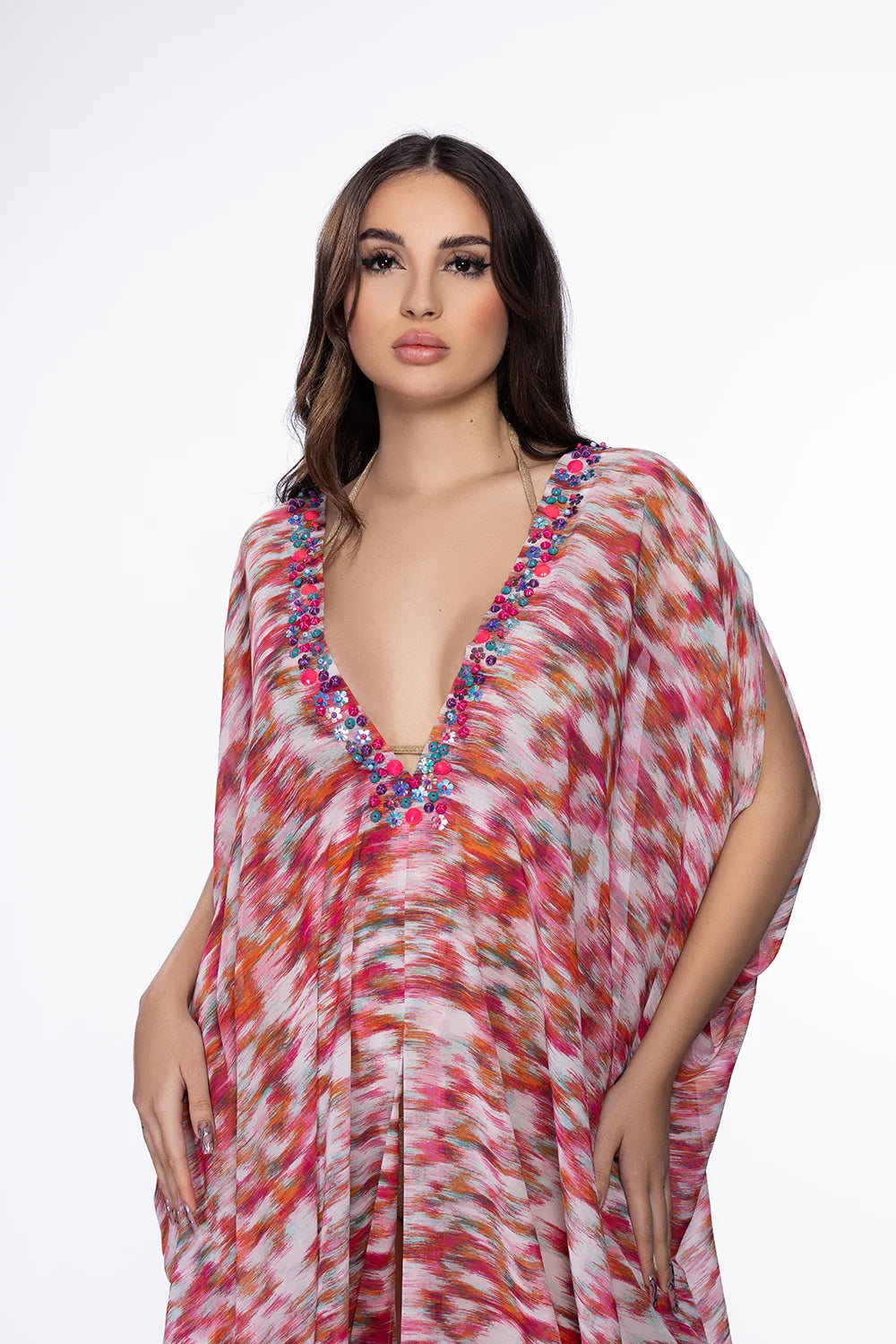 Caftan de plage Lys Orientale imprimé rose